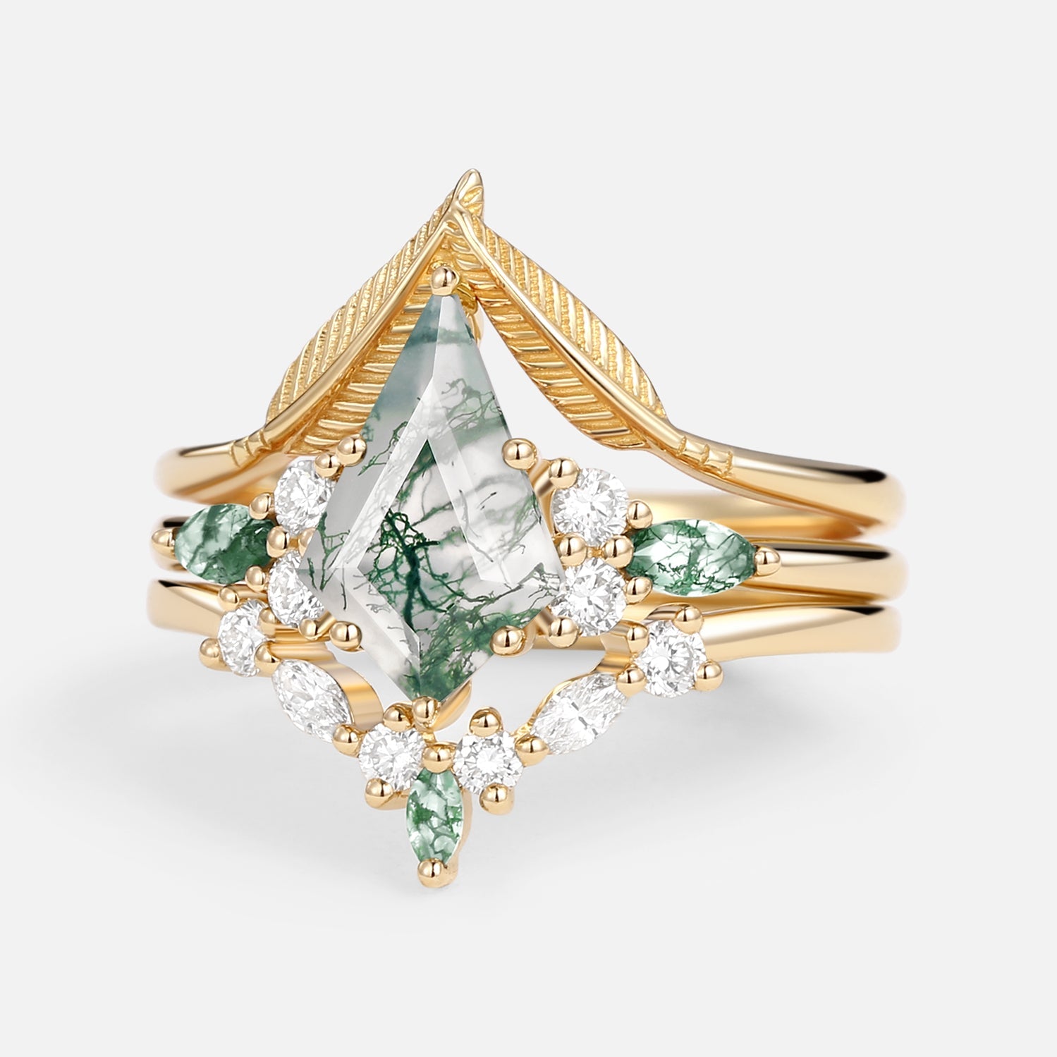 Kite Cut Green Moss Agate Three Stone Engagement Bridal Set 3pcs