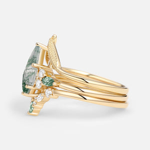 Kite Cut Green Moss Agate Three Stone Engagement Bridal Set 3pcs