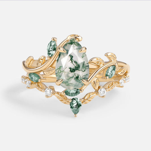 Daphne Pear Cut Moss Agate Vine Engagement Ring Set 2pcs