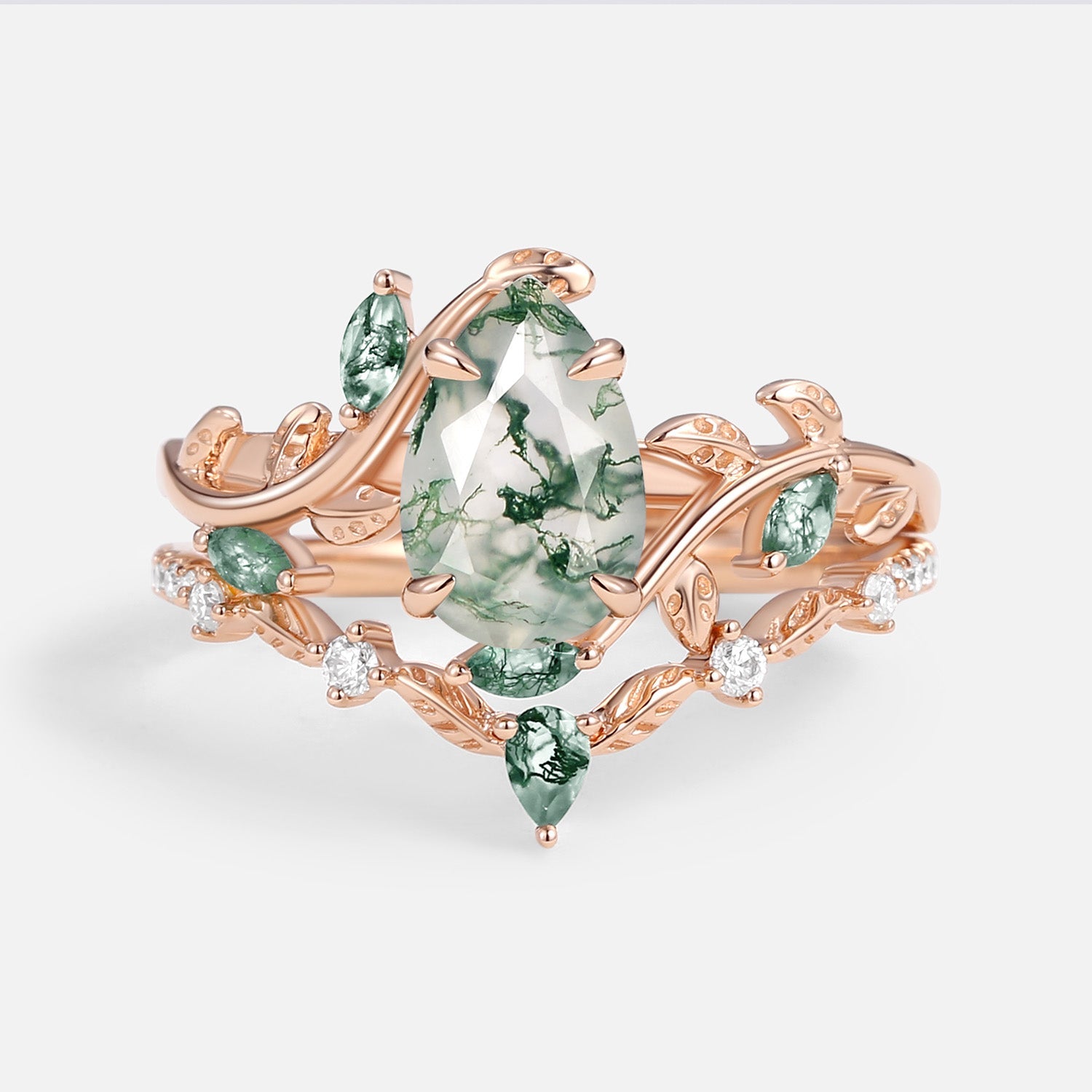 Daphne Pear Cut Moss Agate Vine Engagement Ring Set 2pcs