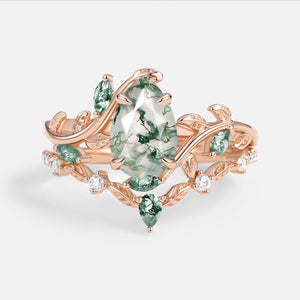 Daphne Pear Cut Moss Agate Vine Engagement Ring Set 2pcs