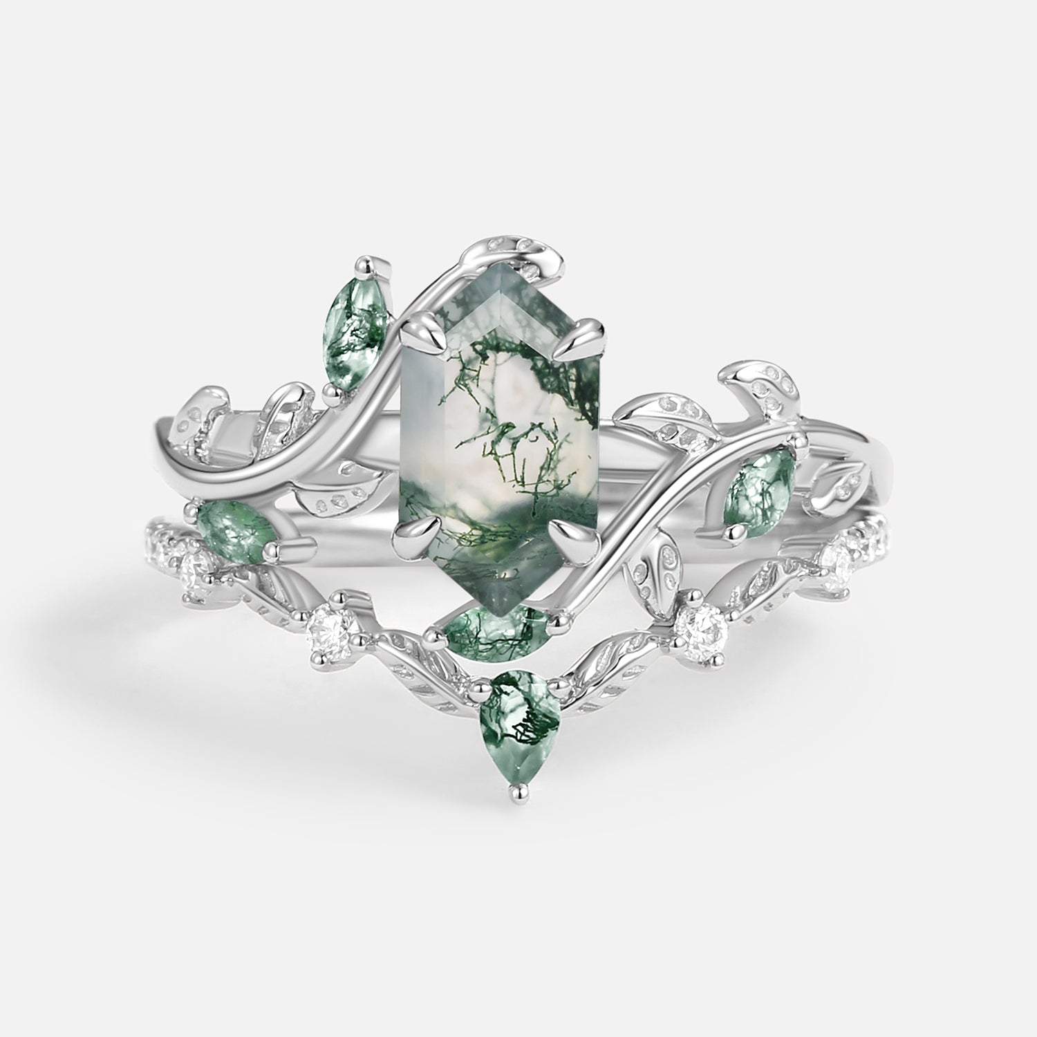 Daphne Moss Agate Hexagon Vine Engagement Ring Set 2pcs