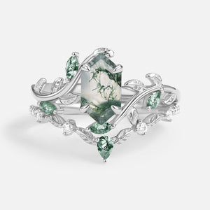 Daphne Moss Agate Hexagon Vine Engagement Ring Set 2pcs