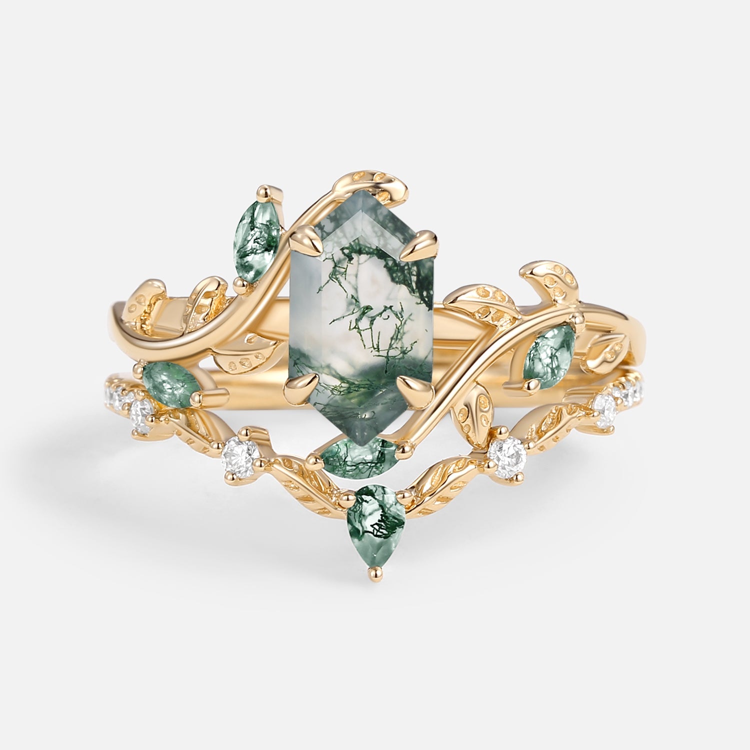 Daphne Moss Agate Hexagon Vine Engagement Ring Set 2pcs