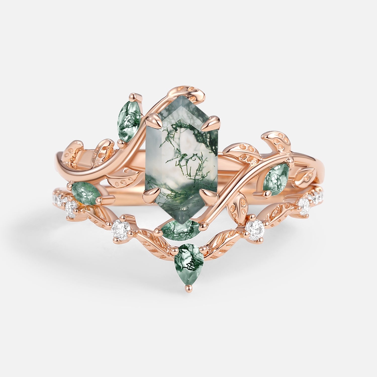 Daphne Moss Agate Hexagon Vine Engagement Ring Set 2pcs