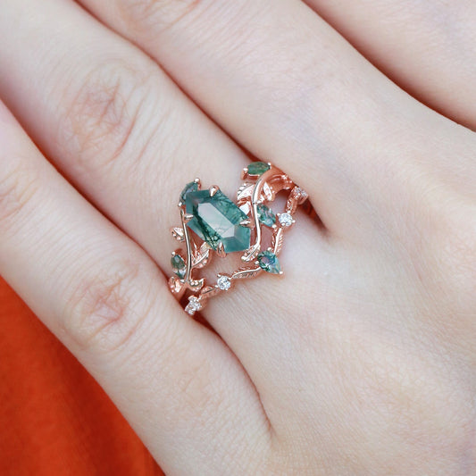 Daphne Moss Agate Hexagon Vine Engagement Ring Set 2pcs