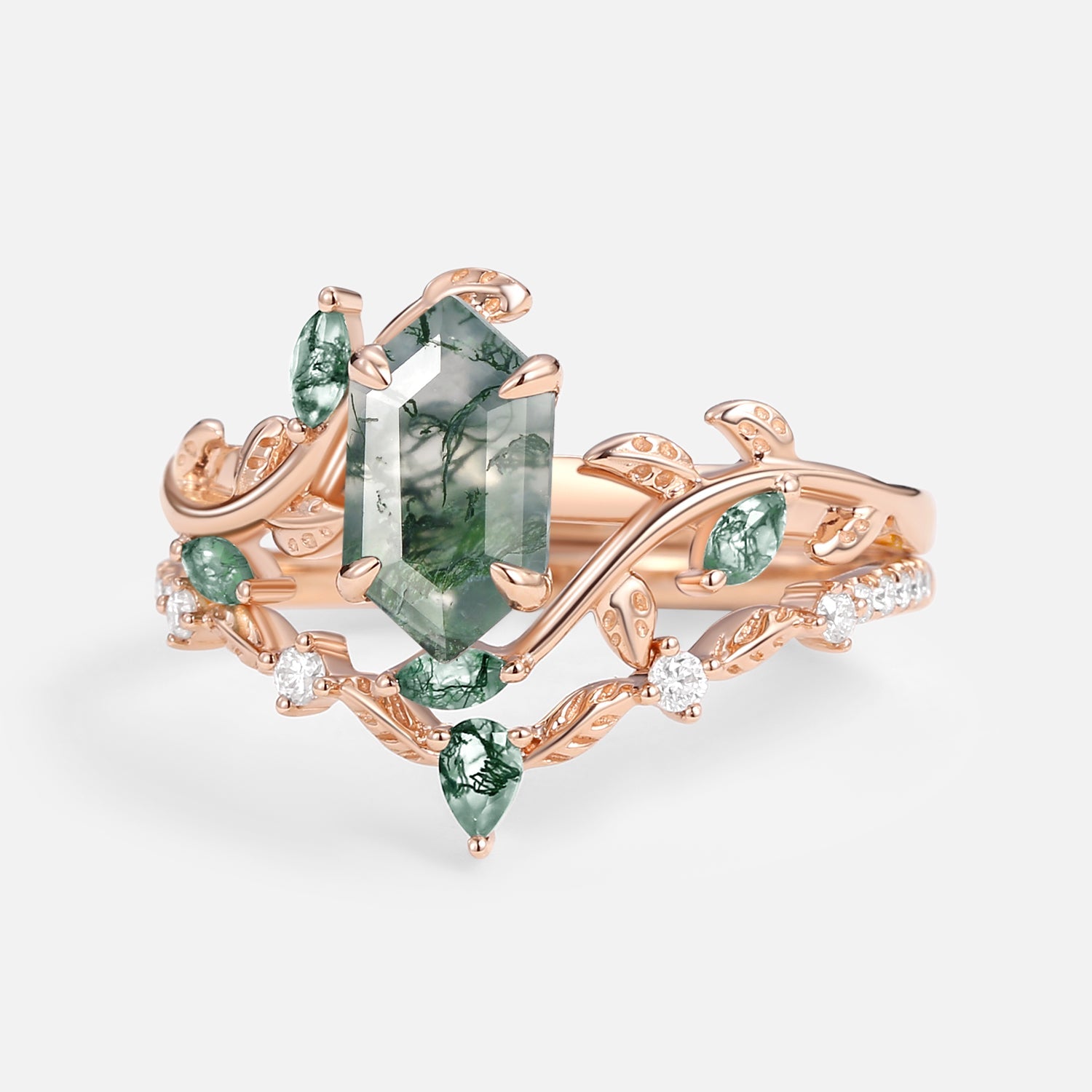 Daphne Moss Agate Hexagon Vine Engagement Ring Set 2pcs