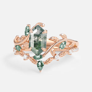 Daphne Moss Agate Hexagon Vine Engagement Ring Set 2pcs