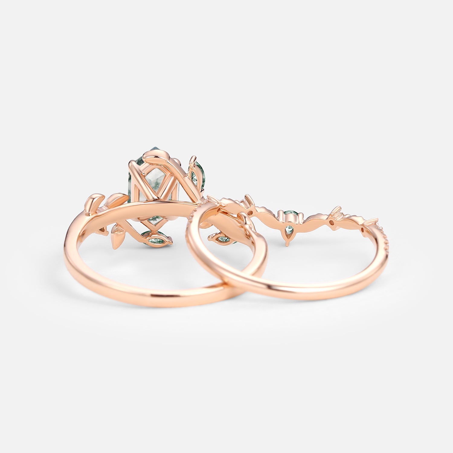 Daphne Moss Agate Hexagon Vine Engagement Ring Set 2pcs