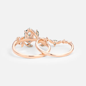 Daphne Moss Agate Hexagon Vine Engagement Ring Set 2pcs