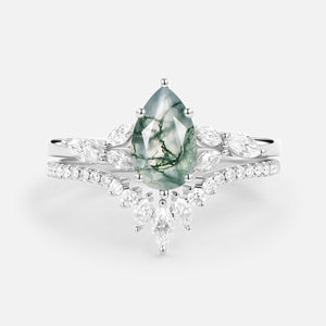 Pear Cut Moss Agate White Gold Engagement Ring Set 2pcs - July