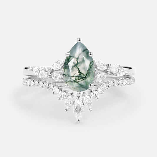 Pear Cut Moss Agate White Gold Engagement Ring Set 2pcs - July