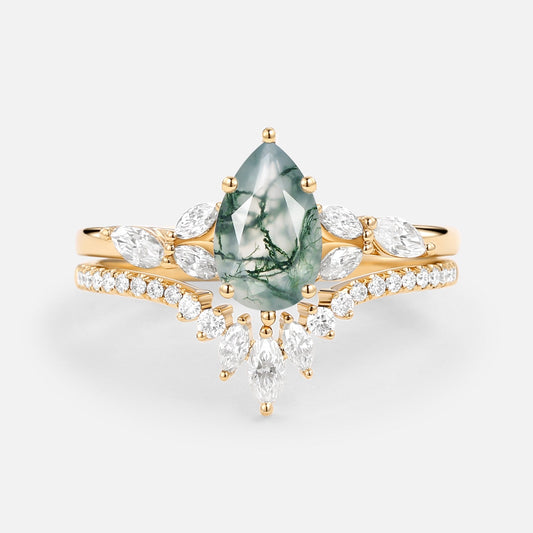 July Pear Cut Moss Agate White Gold Engagement Ring Set 2pcs