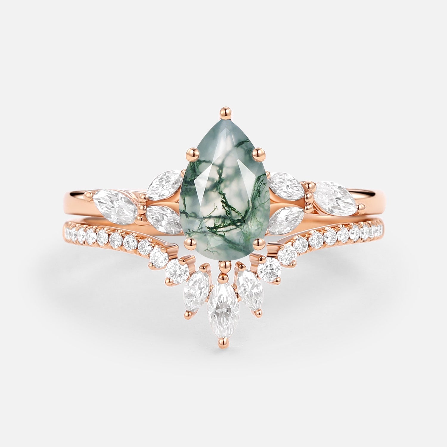 Pear Cut Moss Agate White Gold Engagement Ring Set 2pcs - July