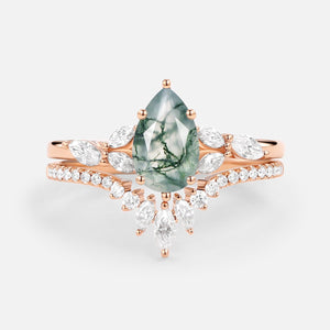 Pear Cut Moss Agate White Gold Engagement Ring Set 2pcs - July