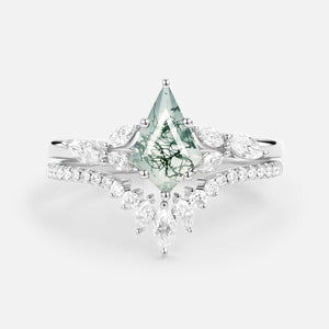 Kite Cut Moss Agate White Gold Engagement Ring Set 2pcs - July