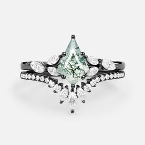 Kite Cut Moss Agate White Gold Engagement Ring Set 2pcs - July