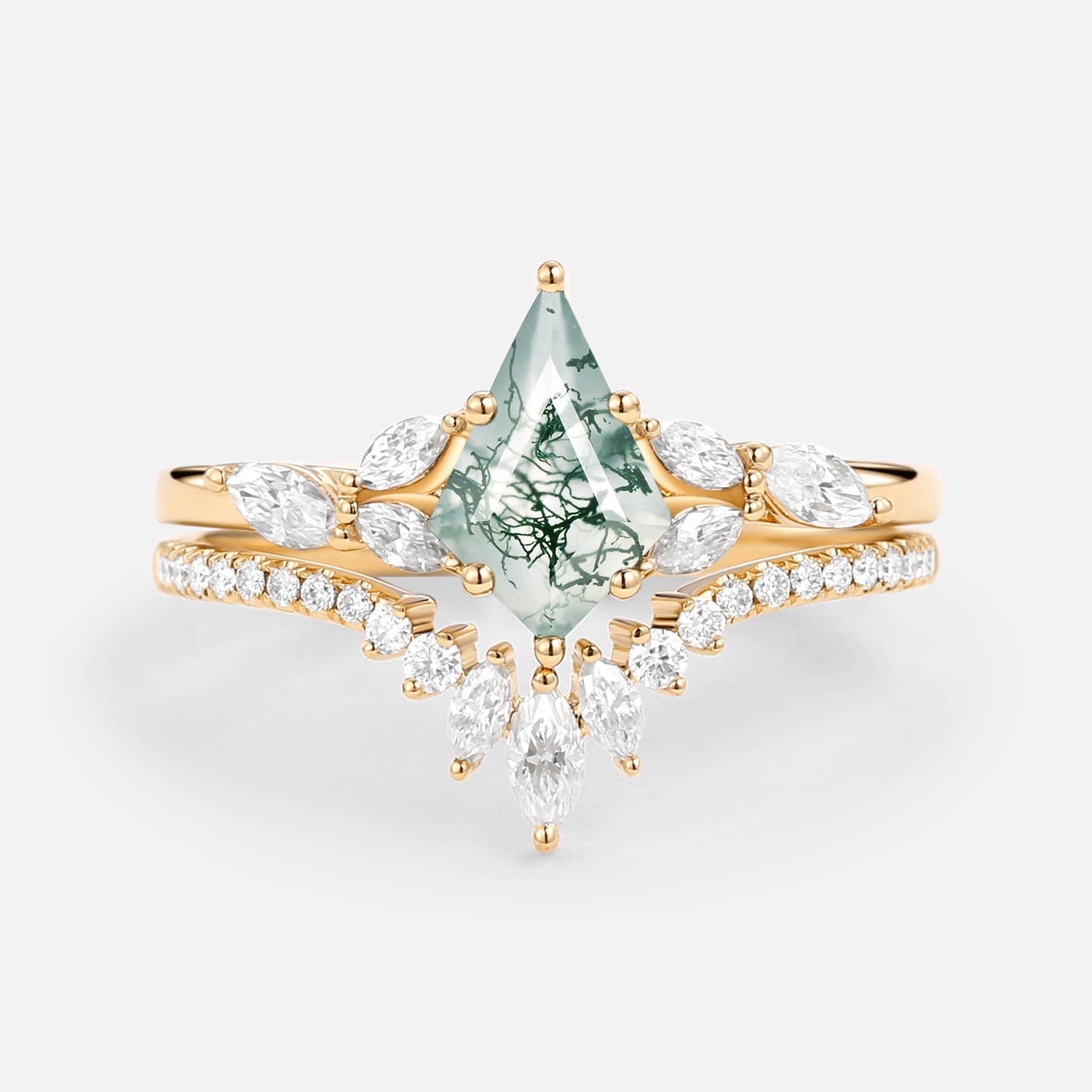 Kite Cut Moss Agate White Gold Engagement Ring Set 2pcs - July
