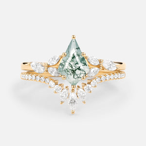 Kite Cut Moss Agate White Gold Engagement Ring Set 2pcs - July