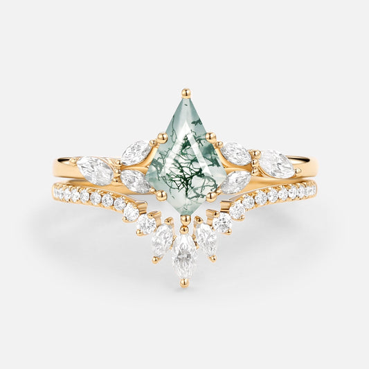 July Kite Cut Moss Agate White Gold Engagement Ring Set 2pcs
