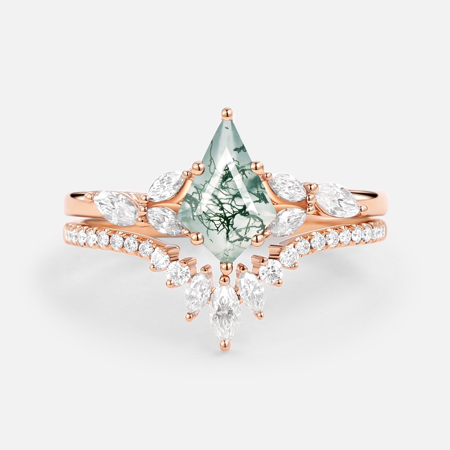 Kite Cut Moss Agate White Gold Engagement Ring Set 2pcs - July