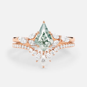 Kite Cut Moss Agate White Gold Engagement Ring Set 2pcs - July