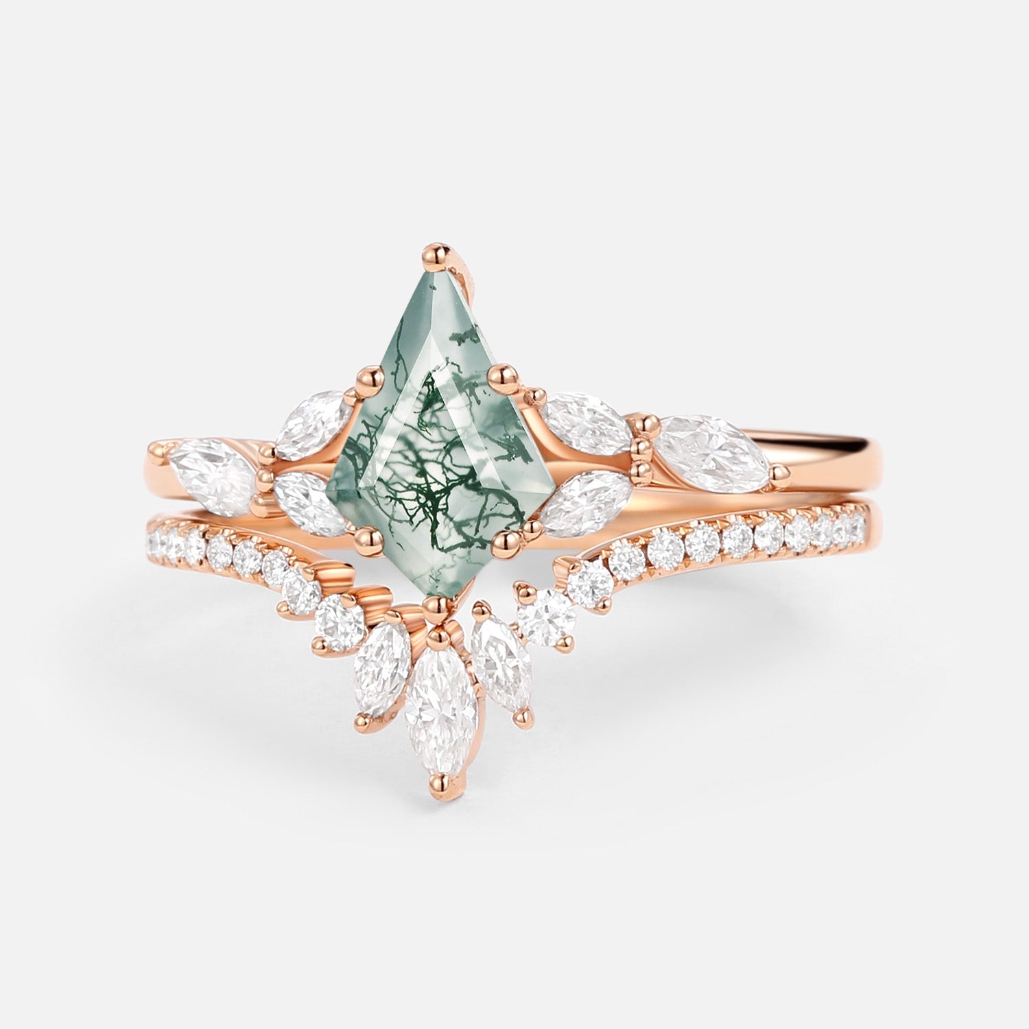 Kite Cut Moss Agate White Gold Engagement Ring Set 2pcs - July