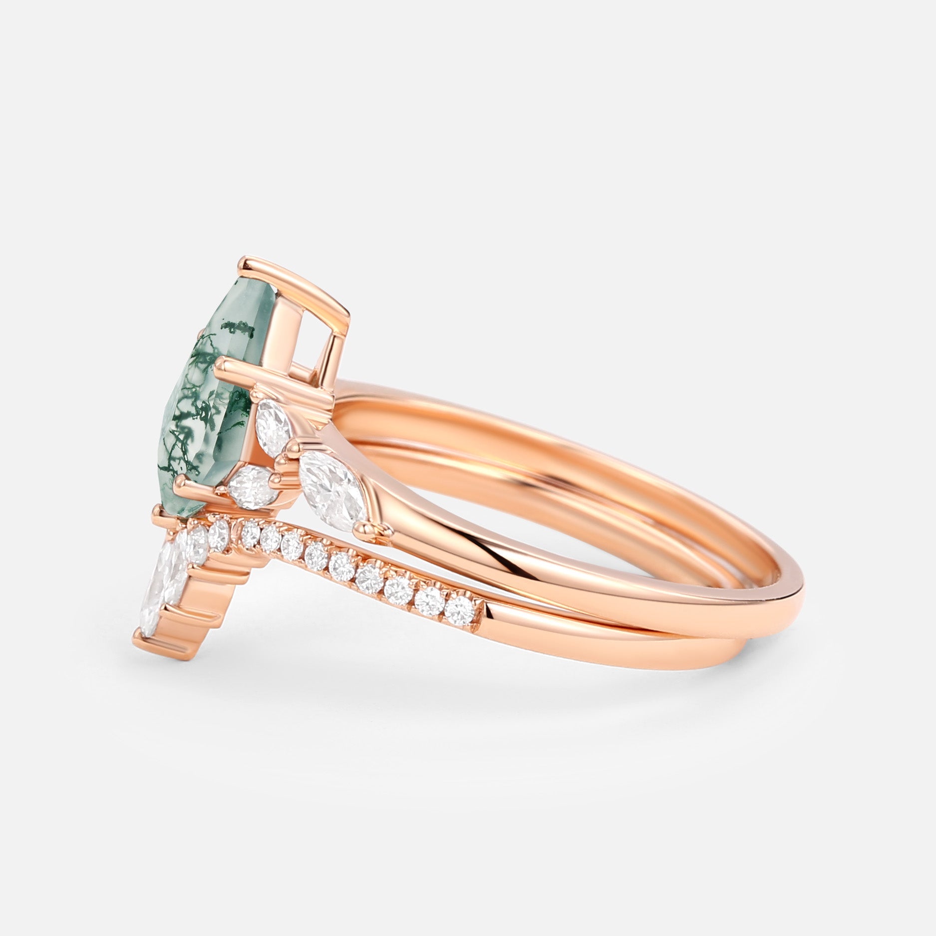 Kite Cut Moss Agate White Gold Engagement Ring Set 2pcs - July