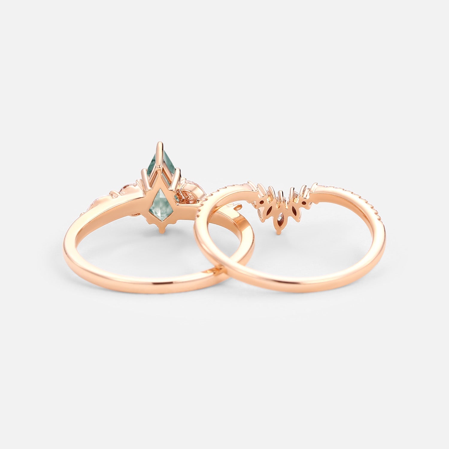 Kite Cut Moss Agate White Gold Engagement Ring Set 2pcs - July