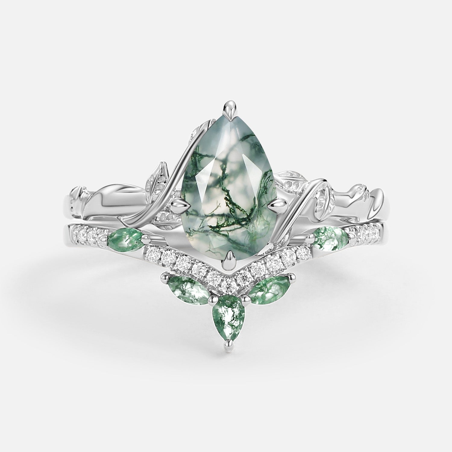 Lark Nature Inspired Pear Cut Moss Agate Leafy Ring Set 2pcs