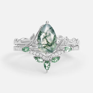 Lark Nature Inspired Pear Cut Moss Agate Leafy Ring Set 2pcs