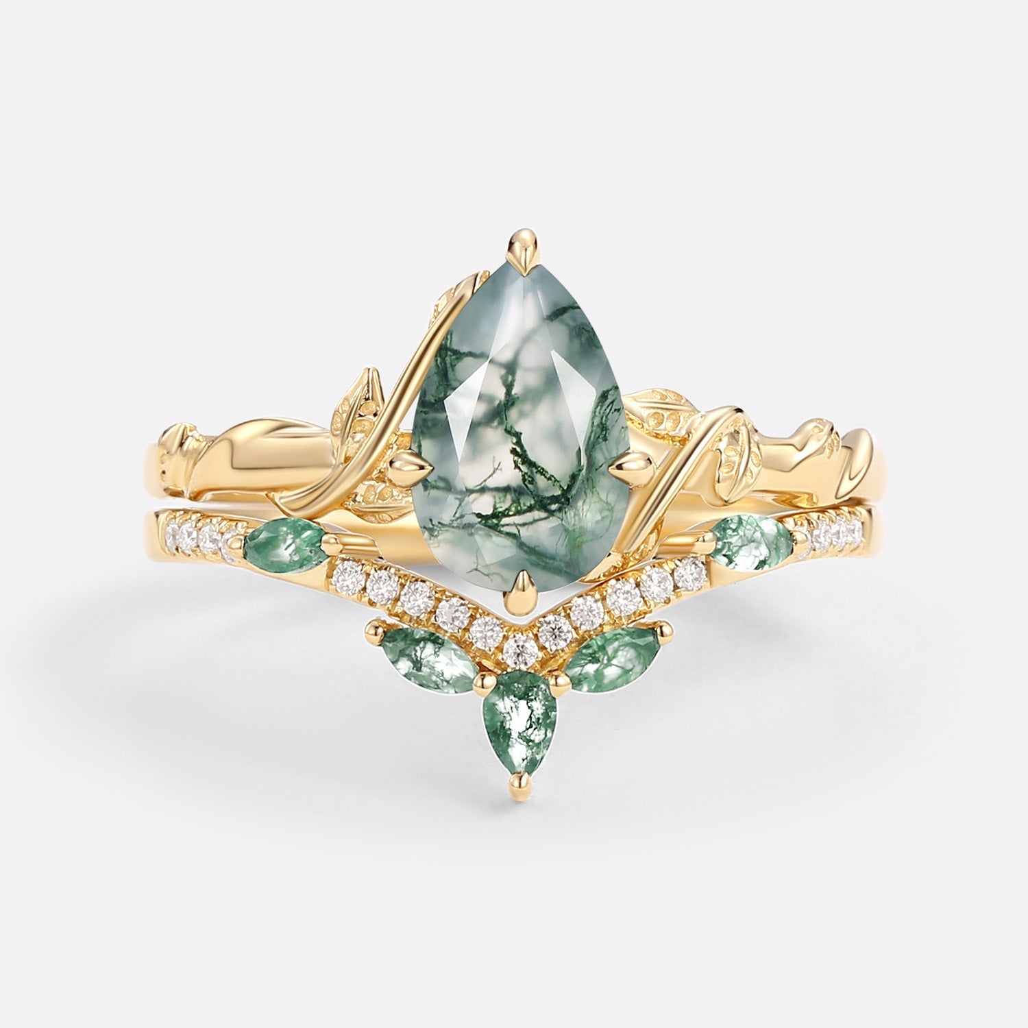Lark Nature Inspired Pear Cut Moss Agate Leafy Ring Set 2pcs