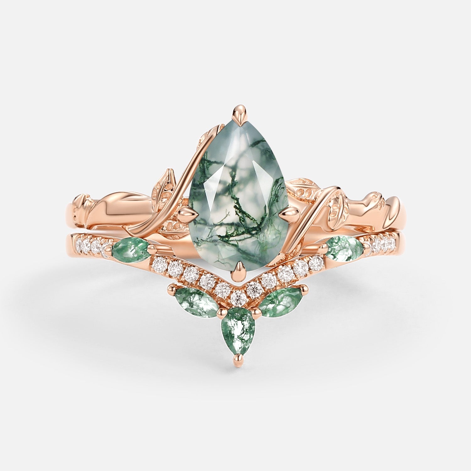 Lark Nature Inspired Pear Cut Moss Agate Leafy Ring Set 2pcs