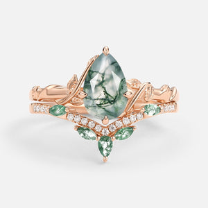 Lark Nature Inspired Pear Cut Moss Agate Leafy Ring Set 2pcs