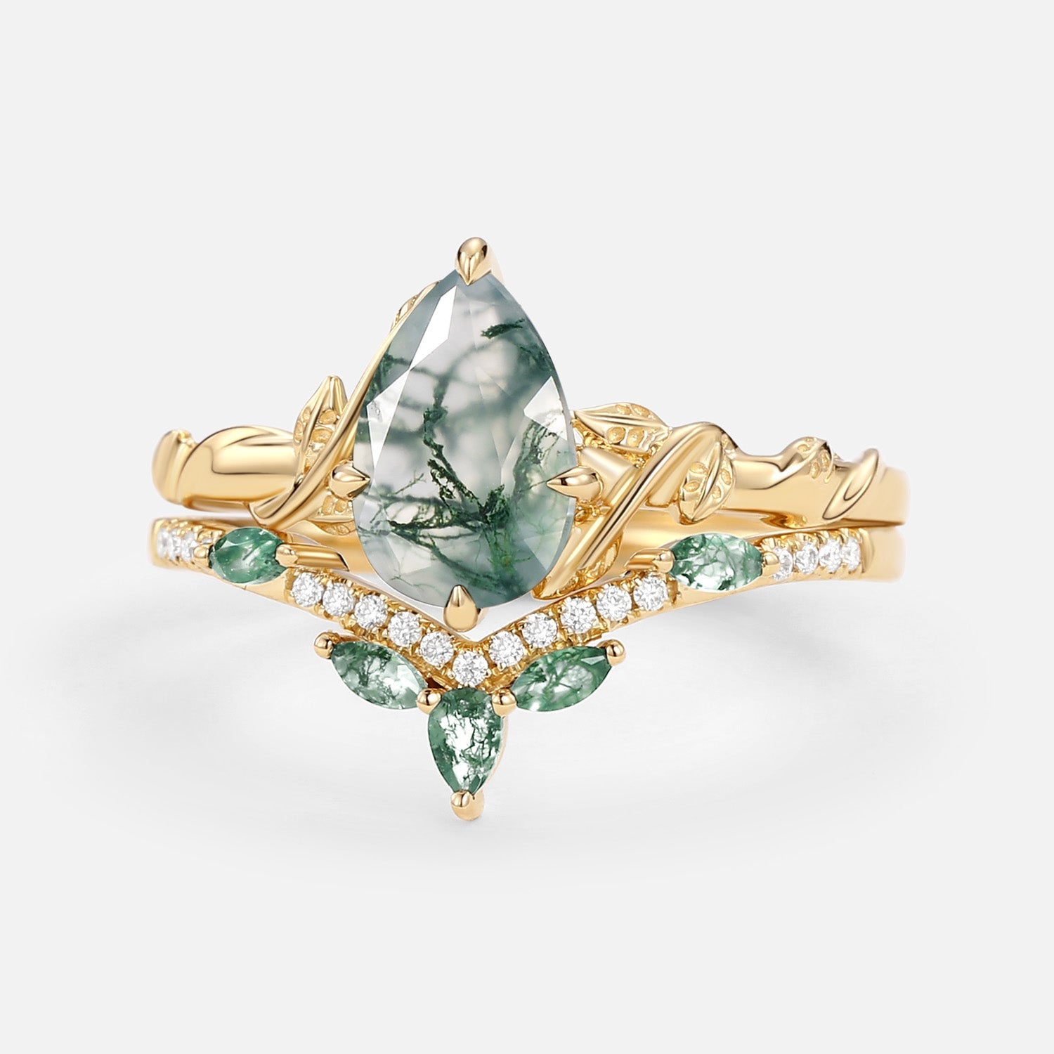 Lark Nature Inspired Pear Cut Moss Agate Leafy Ring Set 2pcs