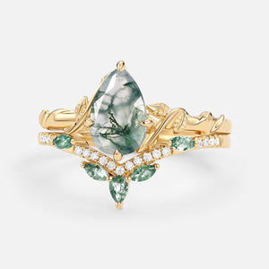 Lark Nature Inspired Pear Cut Moss Agate Leafy Ring Set 2pcs