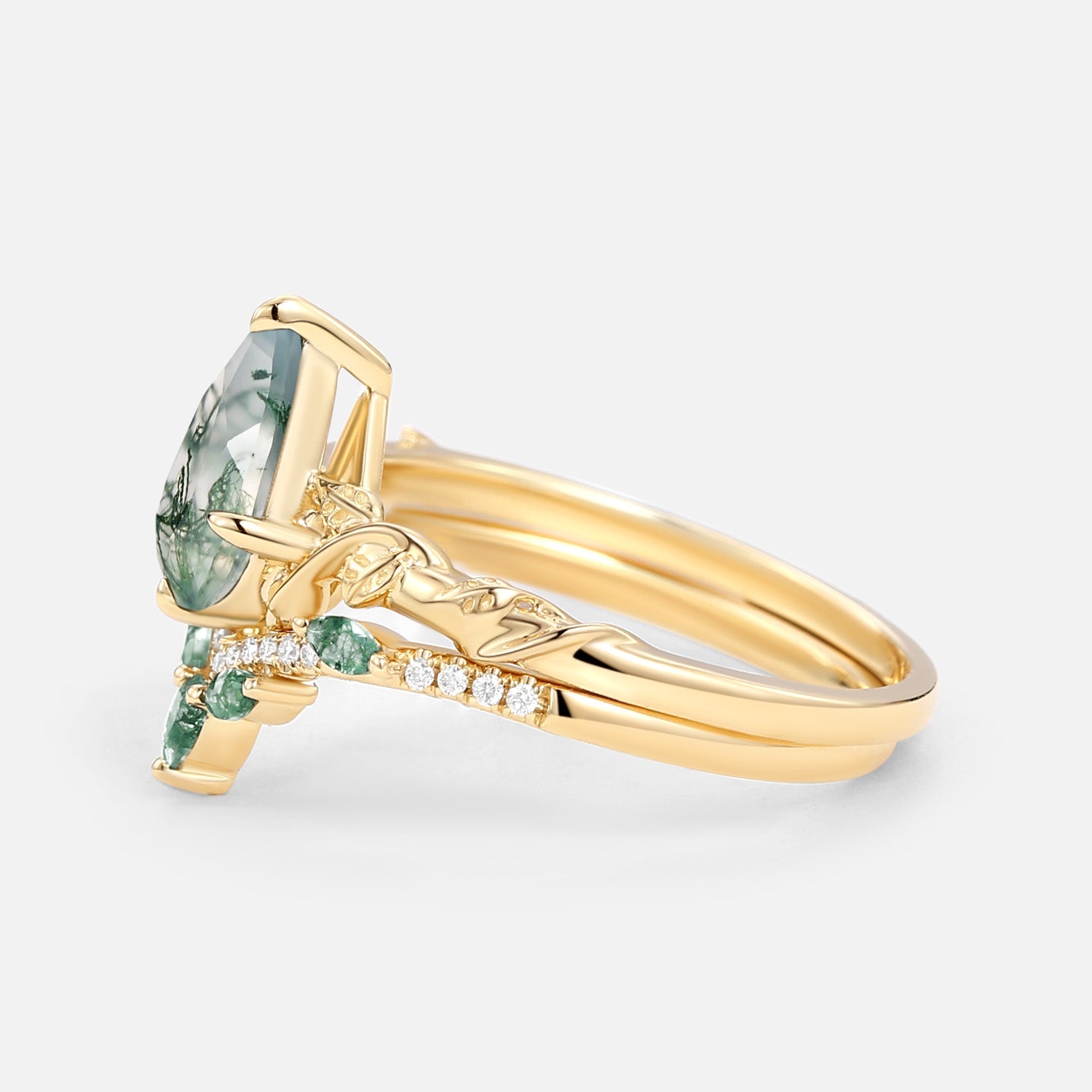 Lark Nature Inspired Pear Cut Moss Agate Leafy Ring Set 2pcs