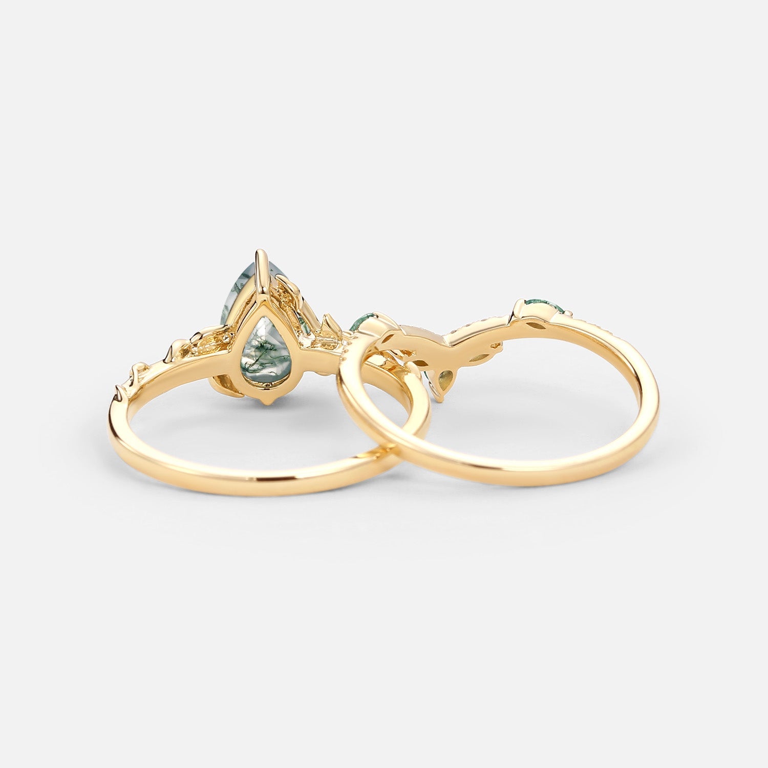 Lark Nature Inspired Pear Cut Moss Agate Leafy Ring Set 2pcs