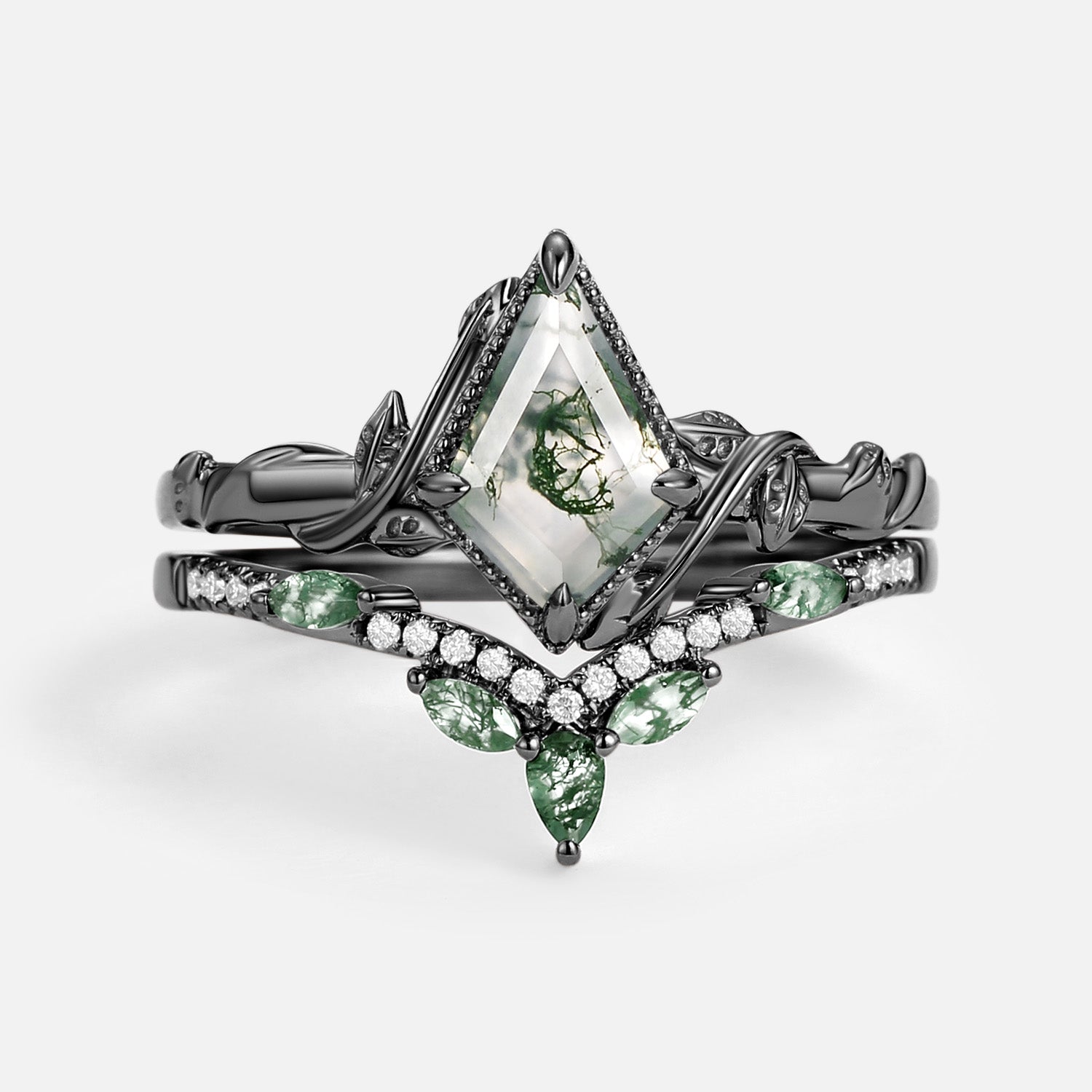 Nature Inspired - Unique Kite Cut Moss Agate Leafy Couple Ring Set 3pcs