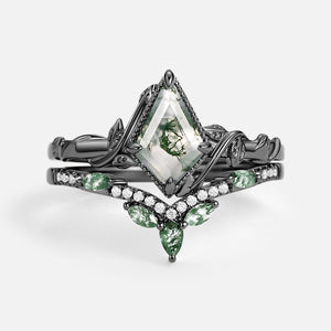 Nature Inspired - Unique Kite Cut Moss Agate Leafy Couple Ring Set 3pcs