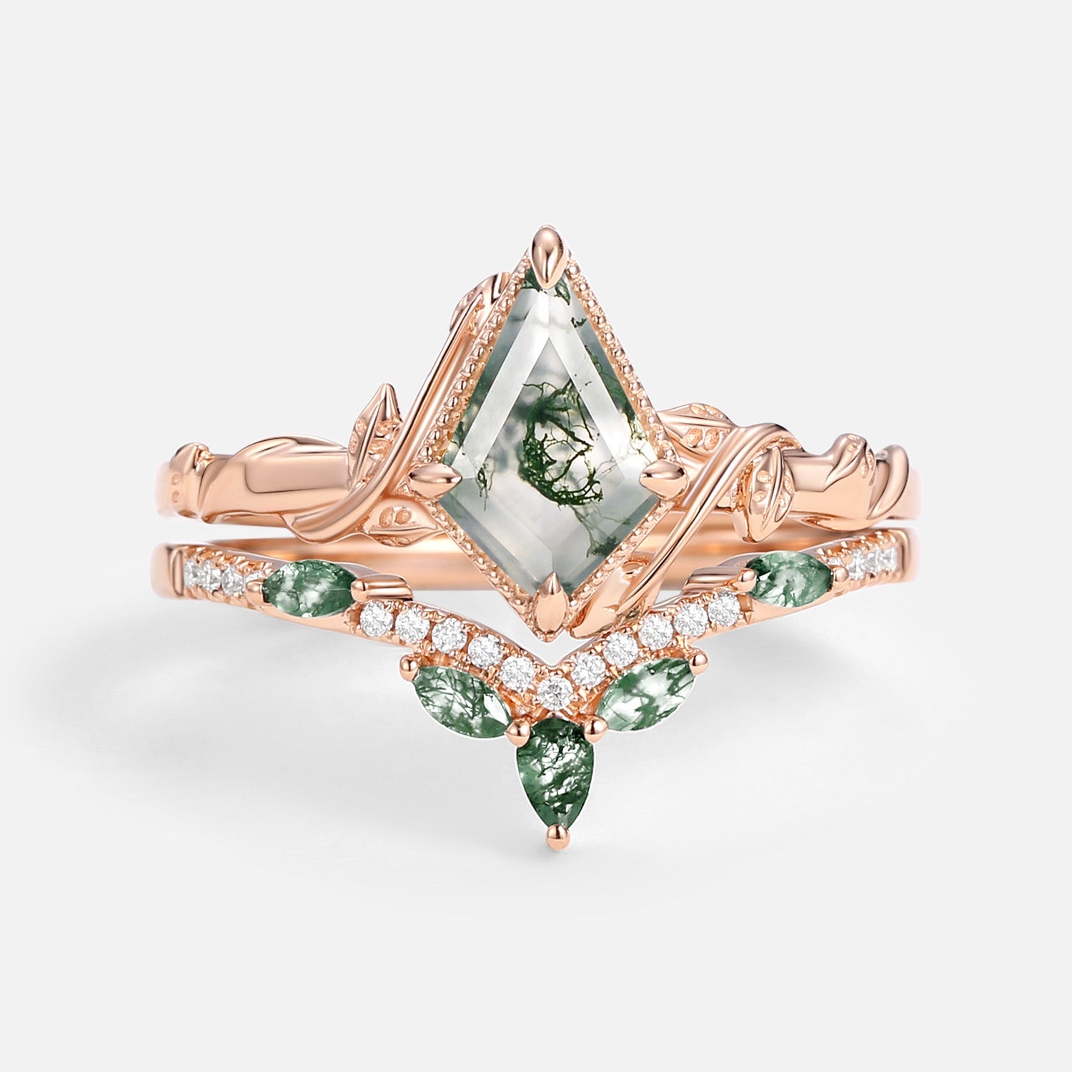 Lark Kite Cut Moss Agate Leafy Engagement Ring Sets 2pcs
