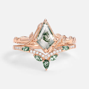 Lark Kite Cut Moss Agate Leafy Engagement Ring Sets 2pcs