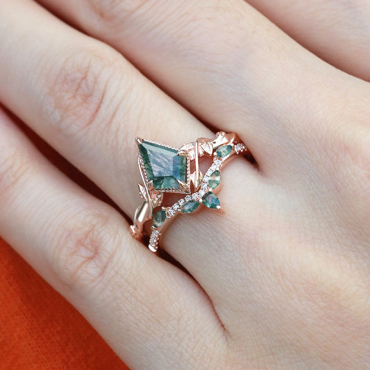 Lark Kite Cut Moss Agate Leafy Engagement Ring Sets 2pcs