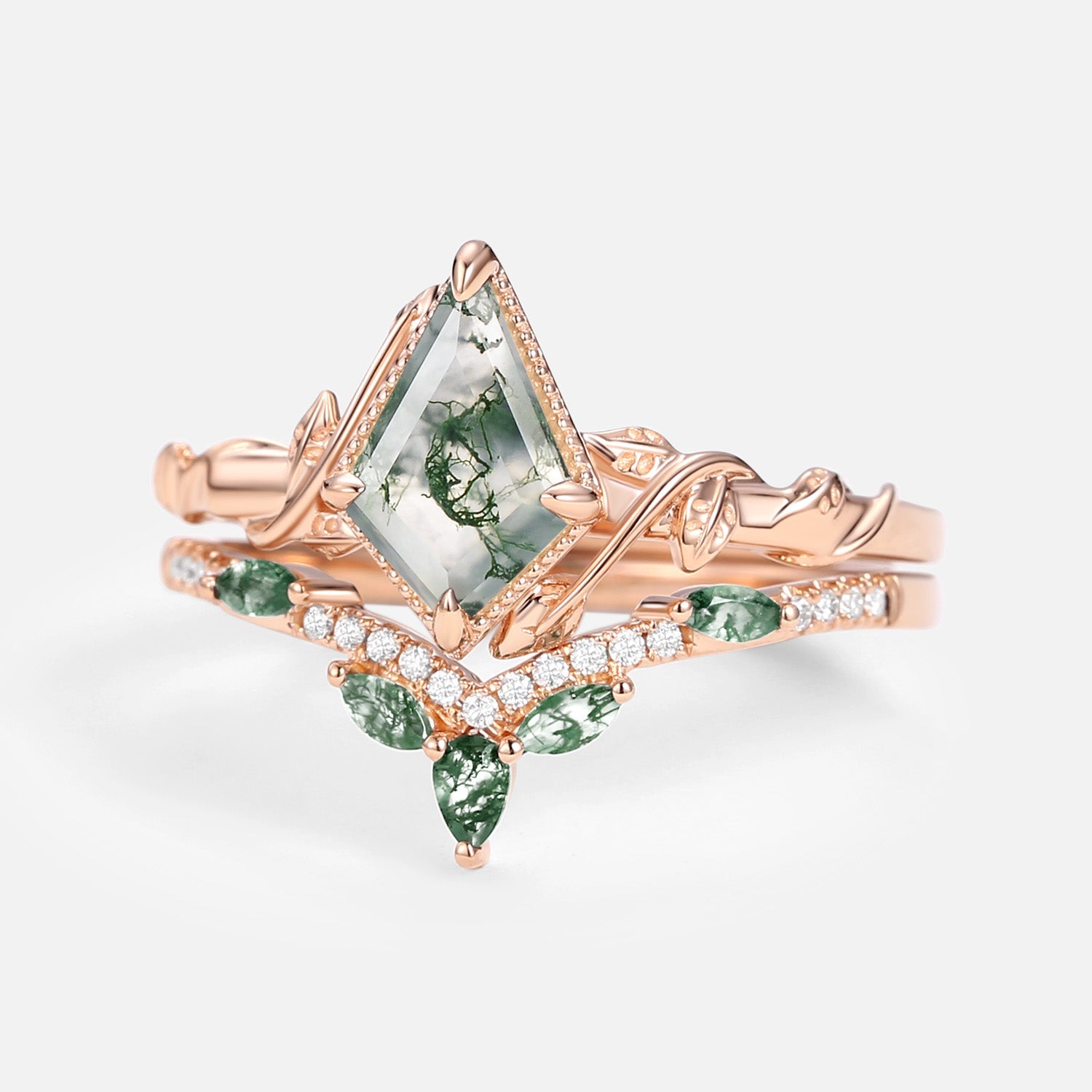 Lark Kite Cut Moss Agate Leafy Engagement Ring Sets 2pcs