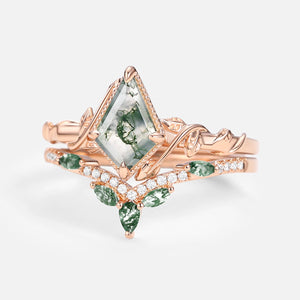 Lark Kite Cut Moss Agate Leafy Engagement Ring Sets 2pcs