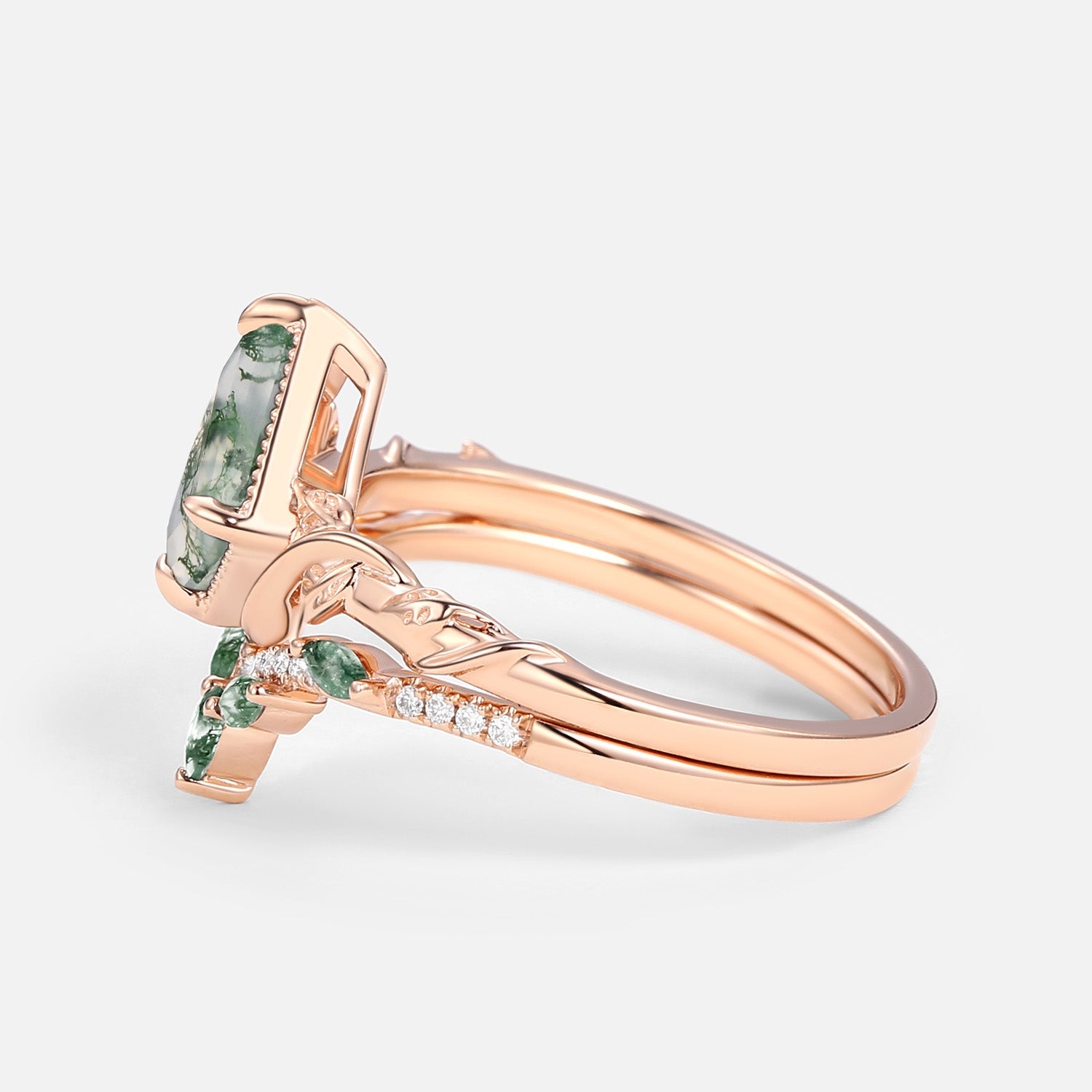 Lark Kite Cut Moss Agate Leafy Engagement Ring Sets 2pcs