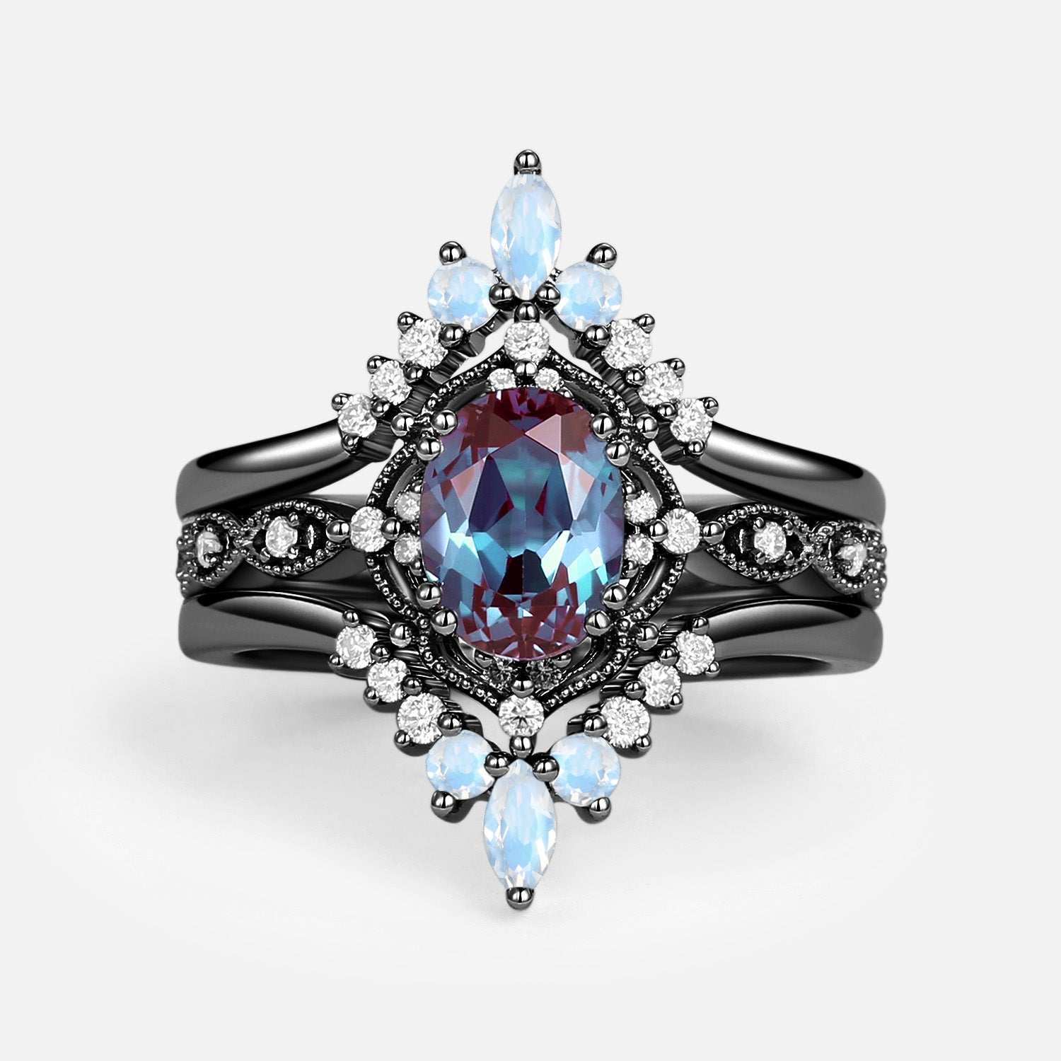 1.5CT Alexandrite Signature Vintage Luna Ring Set 3pcs