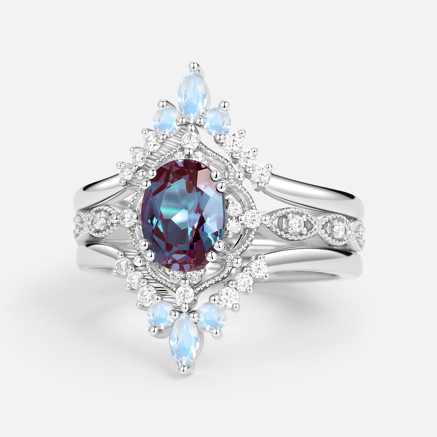 1.5CT Alexandrite Signature Vintage Luna Ring Set 3pcs