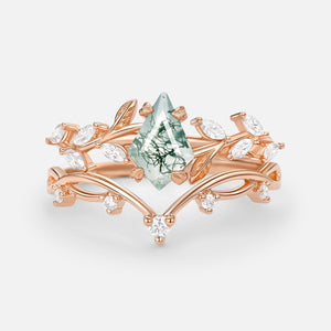 Nature Kite Cut Moss Agate Leafy Cluster Engagement Ring Sets 2pcs