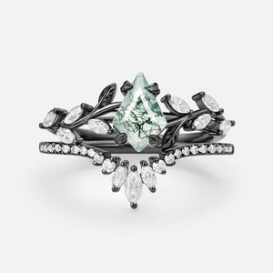 Vintage Kite Cut Moss Agate Leafy Engagement Ring Sets 2pcs - Dart